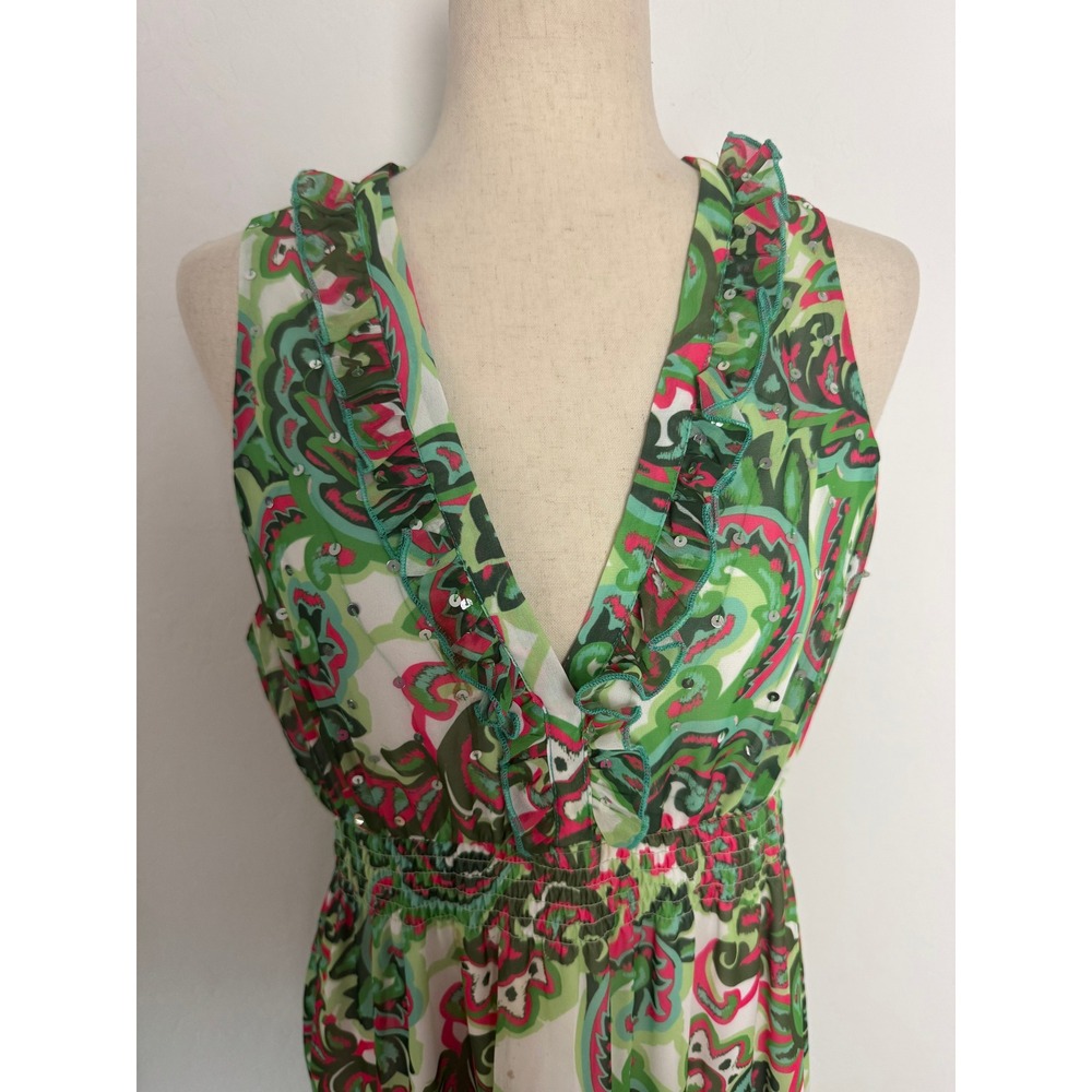 Boston Proper Palma de Scrolls Print Ruffle Maxi Dress Green Pink Sequin Size M - Picture 7 of 13